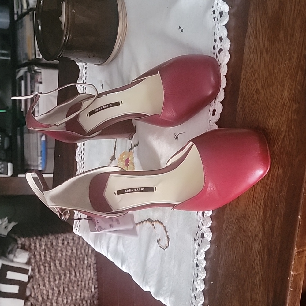Zara red leather ankle strap heels
